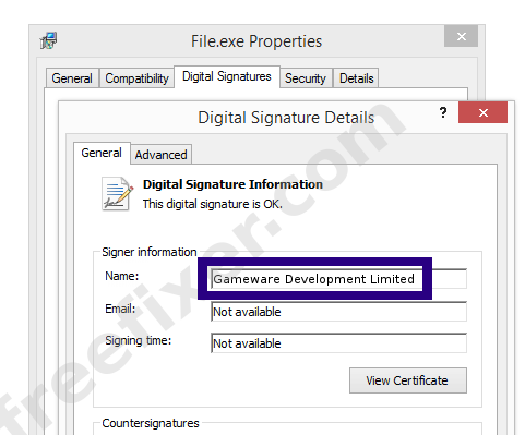 Screenshot of the Gameware Development Limited certificate